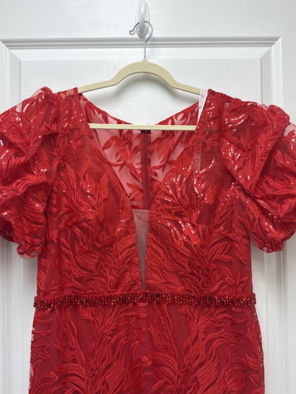 MAC DUGGAL Size 14 Red 12421 Embellished Puff Sleeve Plunge Neck Trumpet Gown - Picture 6 of 11